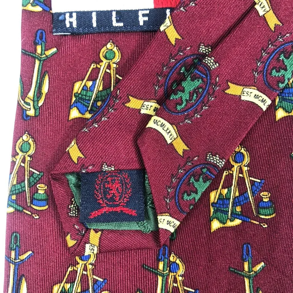Tommy Hilfiger Silk Tie Maroon Nautical Crest Anchor Compass Print Made in USA